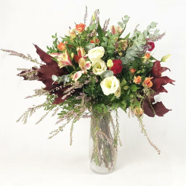 Enviar Ramo De Flores Con Celosia, Alstromelia, Rosa Pitmini Naranja, Lisianthus, Brezo, Hojas De Roble - Originalflor