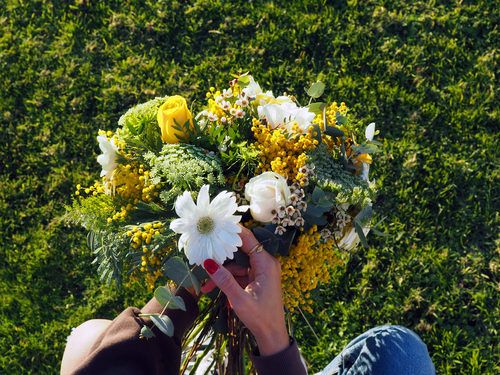 Ramo de flores Country Fragance con Gerberas blancas, rosas amarillas, rosas blancas, Mimosas, Animagus, Flor de cera blanca y Eucaliptos