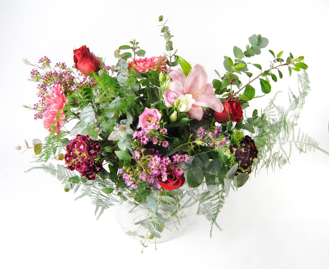 Regalar Ramo de flores con aleli rosa, astromelia, clavel fucsia, rosa pitimini fucsia, rosas lilas, romero y esparreguera - Originalflor
